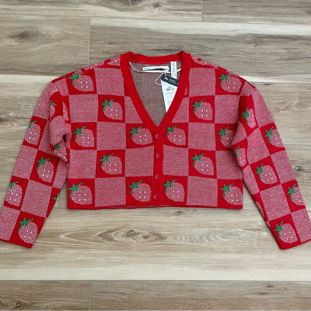 Only Cropped Strawberry Print Petite Cardigan M